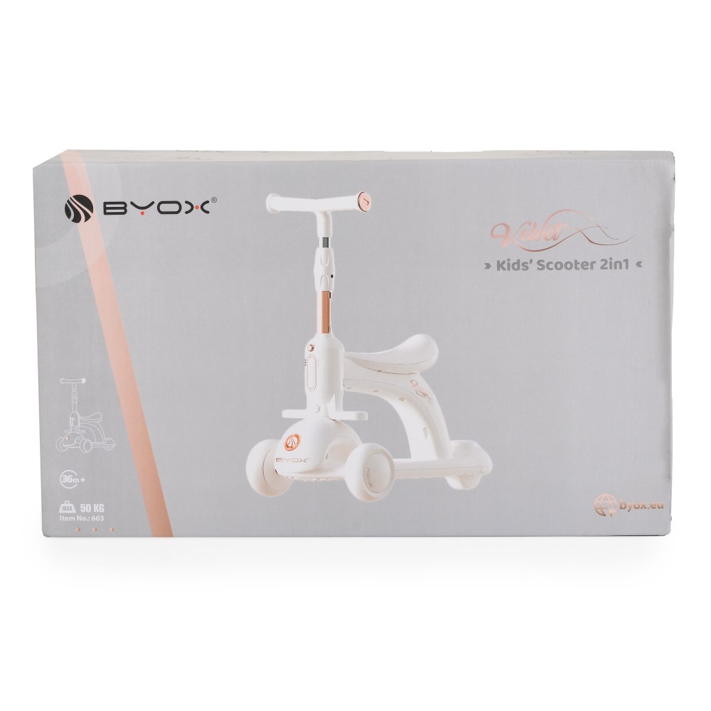 Η φωτογραφία δείχνει Χαρίστε στο παιδί σας συναρπαστικές στιγμές κίνησης με το 2-σε-1 Velvet Royal White scooter της Byox – ένα μείγμα κομψού σχεδιασμού και λειτουργικότητας, που δημιουργήθηκε ειδικά για μικρά παιδιά άνω των 3 ετών που αγαπούν το ενεργό παιχνίδι.
