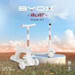 Η φωτογραφία δείχνει Χαρίστε στο παιδί σας συναρπαστικές στιγμές κίνησης με το 2-σε-1 Velvet Royal White scooter της Byox – ένα μείγμα κομψού σχεδιασμού και λειτουργικότητας, που δημιουργήθηκε ειδικά για μικρά παιδιά άνω των 3 ετών που αγαπούν το ενεργό παιχνίδι.