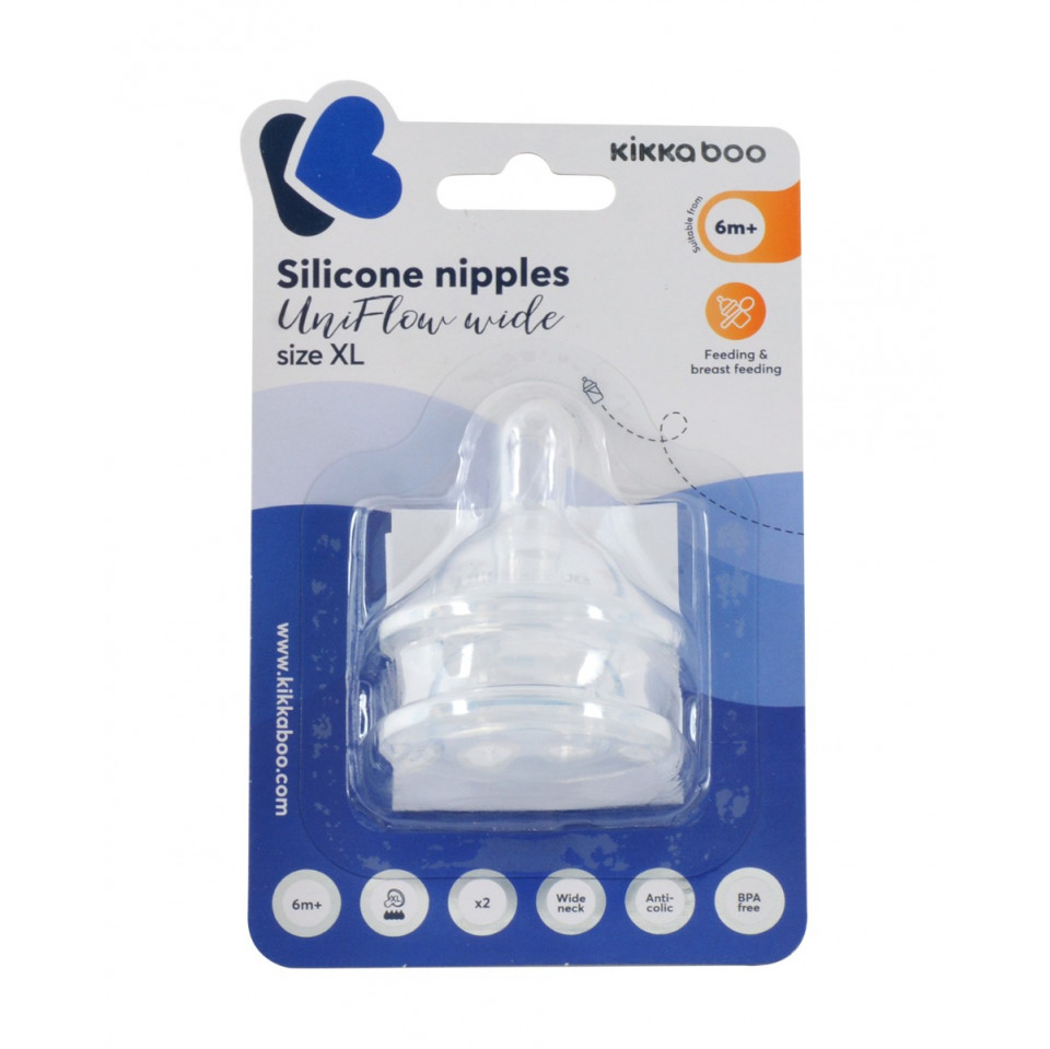 • Κατασκευασμένο από μαλακή και ελαστική σιλικόνη• Αντικολικό• Κατάλληλο από τη γέννηση• Θηλή: Μέγεθος „S“· τύπος „X“ (1 σταγόνα)• Συμβατό με μπιμπερό με φαρδύ λαιμό KikkaBoo Savanna, Jungle King, Hippo Dreams, Jingle Jungle και άλλα μπιμπερό με διάμετρο θηλής 5,1cm• Χωρίς BPA• 2 τεμάχια• Υλικό: σιλ