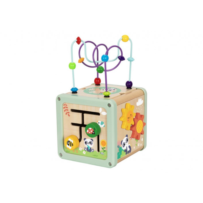 Η φωτογραφία δείχνει Ο Ξύλινος Κύβος Δραστηριοτήτων PANDA προσφέρει τέσσερις διαφορετικές πλευρές για διασκέδαση και μάθηση.