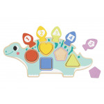 Η φωτογραφία δείχνει Διασκεδαστικό και πολύχρωμο, το ξύλινο παζλ διαλογής Δεινόσαυρος σε σχήμα δεινοσαύρου συνδυάζει παιχνίδι και μάθηση.