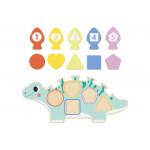 Η φωτογραφία δείχνει Διασκεδαστικό και πολύχρωμο, το ξύλινο παζλ διαλογής Δεινόσαυρος σε σχήμα δεινοσαύρου συνδυάζει παιχνίδι και μάθηση.