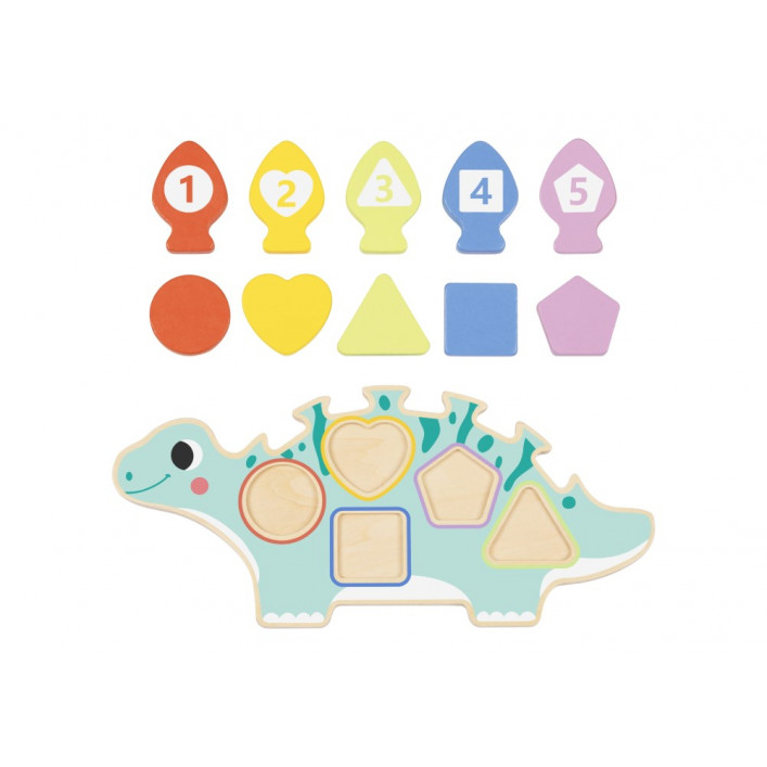 Η φωτογραφία δείχνει Διασκεδαστικό και πολύχρωμο, το ξύλινο παζλ διαλογής Δεινόσαυρος σε σχήμα δεινοσαύρου συνδυάζει παιχνίδι και μάθηση.