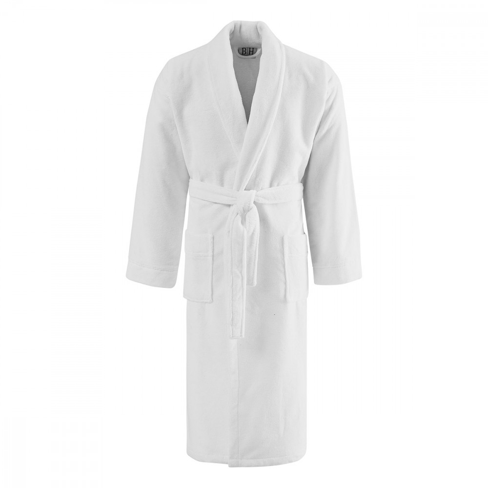 Η φωτογραφία δείχνει Διαχρονικό λευκό μπουρνούζι μπάνιου της Beauty Home κατασκευασμένο από αρίστης ποιότητας υλικά.