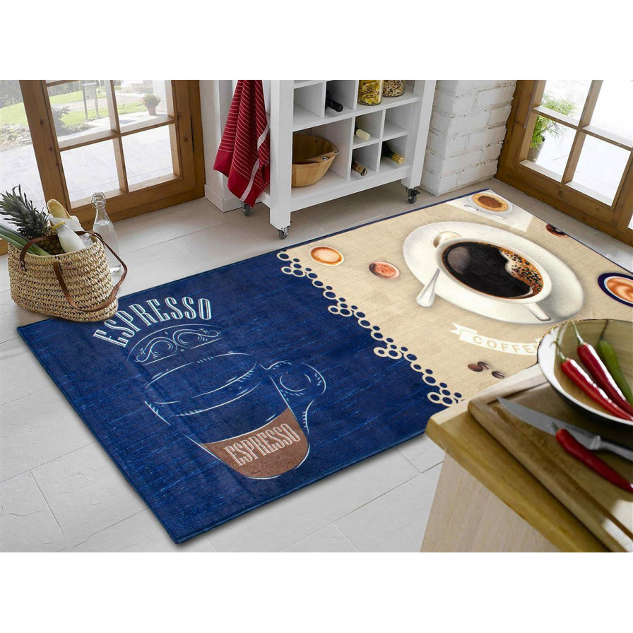 Χαλάκι κουζίνας διαστάσεων 67X150 cm, με αντιολισθητικό επίστρωμα Dots Backing και απεικόνιση φλιτζανιών καφέ.