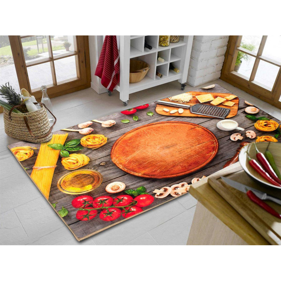 Η φωτογραφία δείχνει Χαλάκι κουζίνας διαστάσεων 80X200 cm, με αντιολισθητικό επίστρωμα Dots Backing και απεικόνιση υλικών για spaghetti.