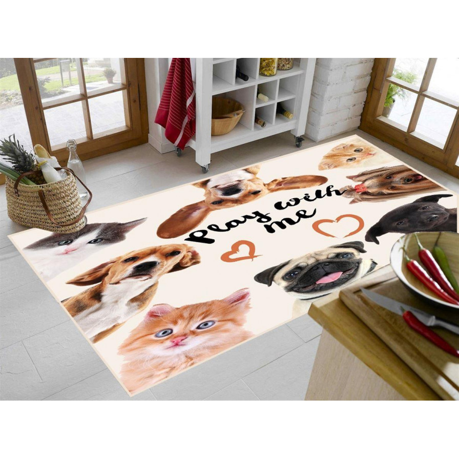 Χαλάκι Κουζίνας διαστάσεων 67Χ150 cm, με αντιολισθητικό επίστρωμα Dots Backing και απεικόνιση κατοικιδίων.