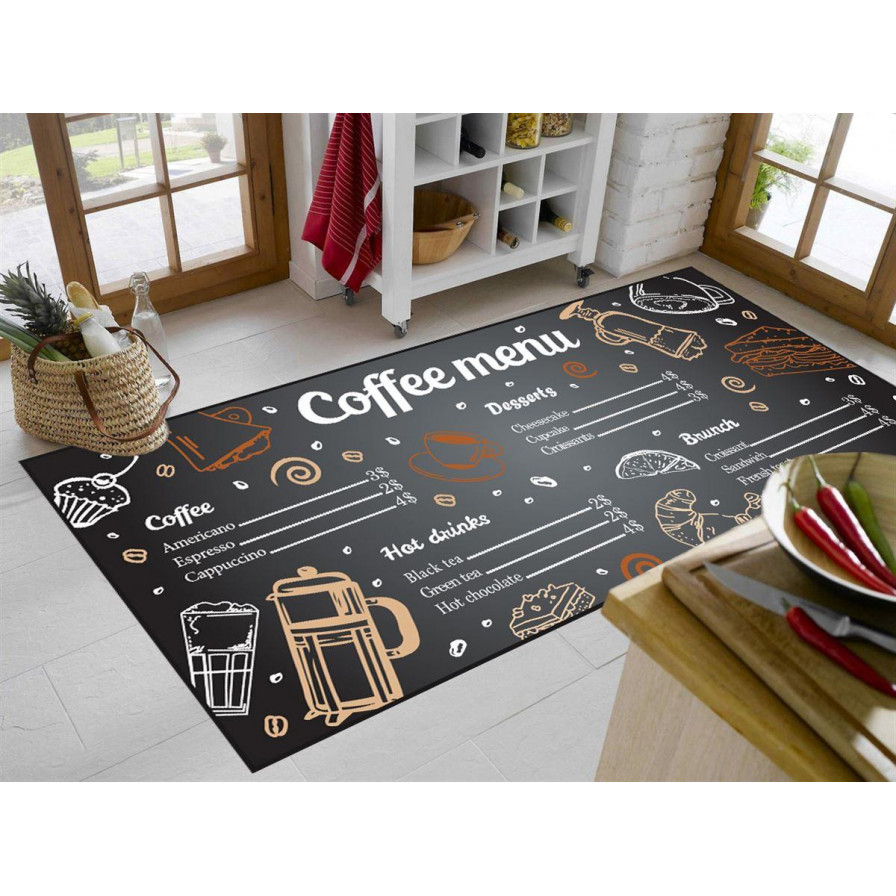 Χαλάκι Κουζίνας διαστάσεων 80Χ200 cm, με αντιολισθητικό επίστρωμα Dots Backing και απεικόνιση μενού καφετέριας.