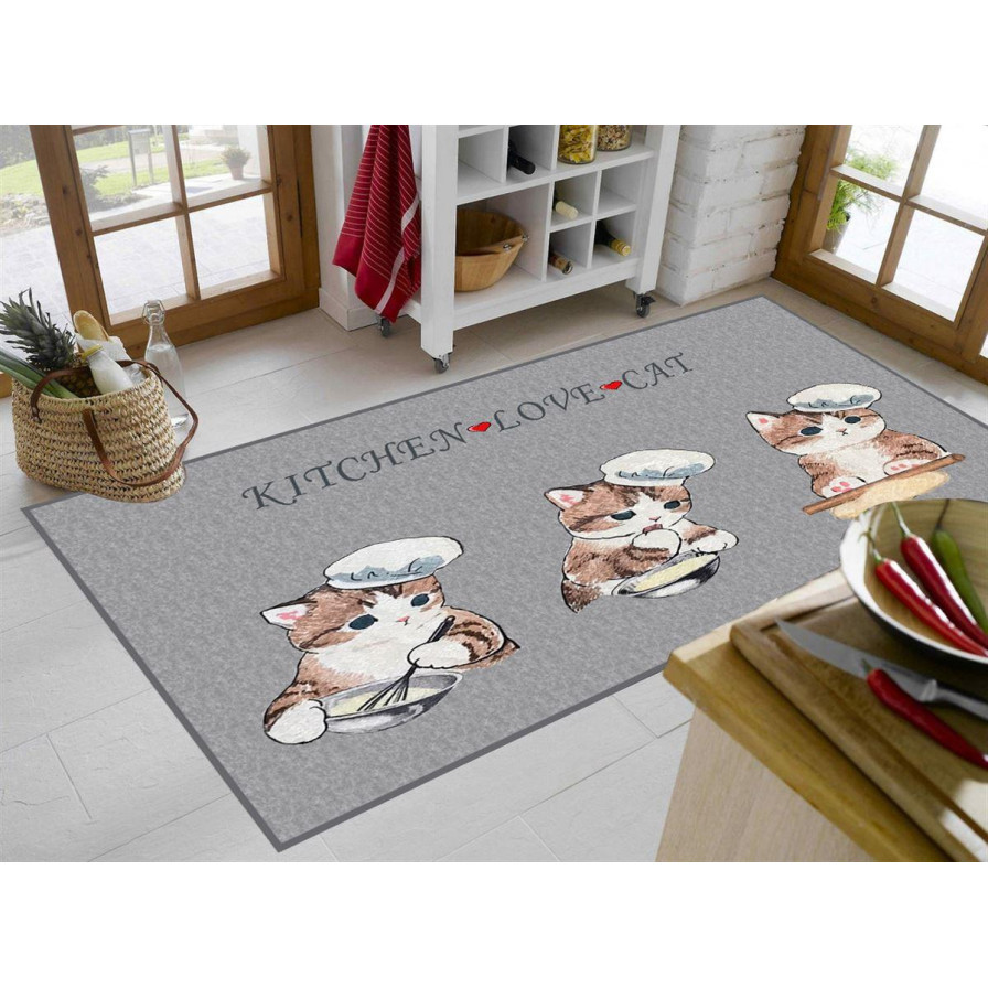 Η φωτογραφία δείχνει Χαλάκι Κουζίνας διαστάσεων 80Χ200 cm, με αντιολισθητικό επίστρωμα Dots Backing και απεικόνιση κατοικιδίου.