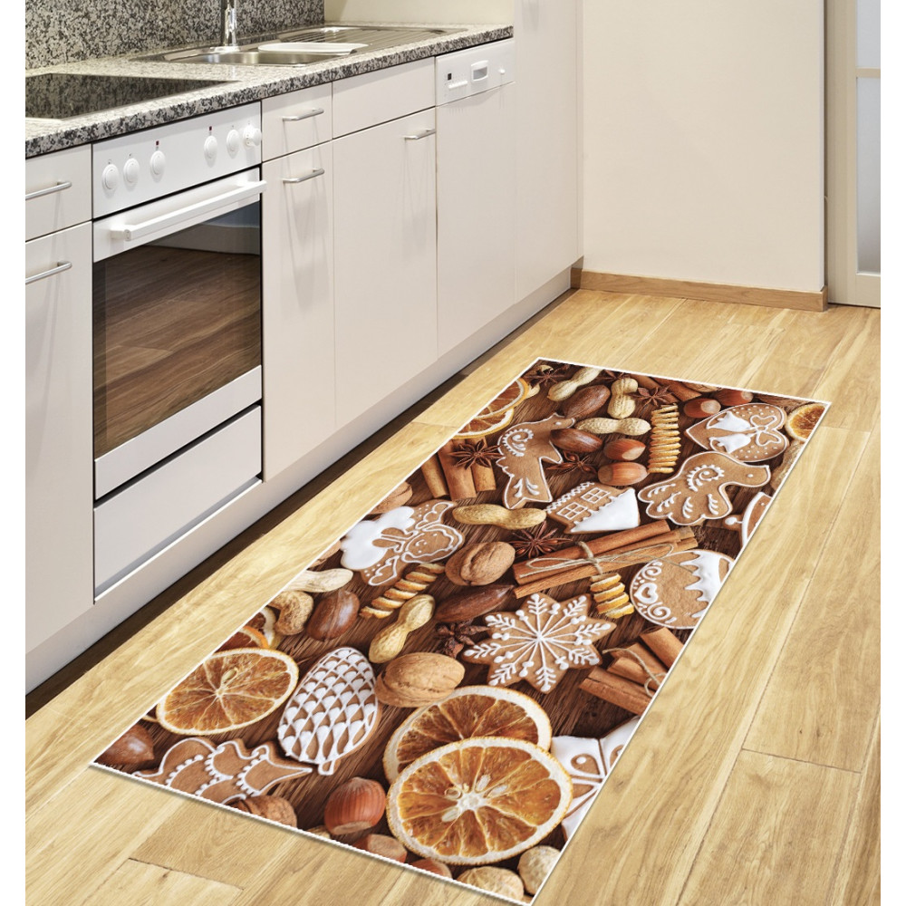 Χαλάκι Κουζίνας διαστάσεων 67Χ150 cm, με αντιολισθητικό επίστρωμα Dets Backing και απεικόνηση μαγειρικών υλικών.