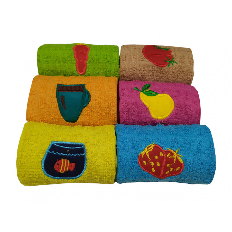 6 Ποτηρόπανα πετστέ με κέντημα 100% Cotton 40x60 σε χρώμα Ανοιχτό Πράσινο, Καφέ, Πορτοκάλι, Φούξια, Κίτρινο & Τυρκουάζ