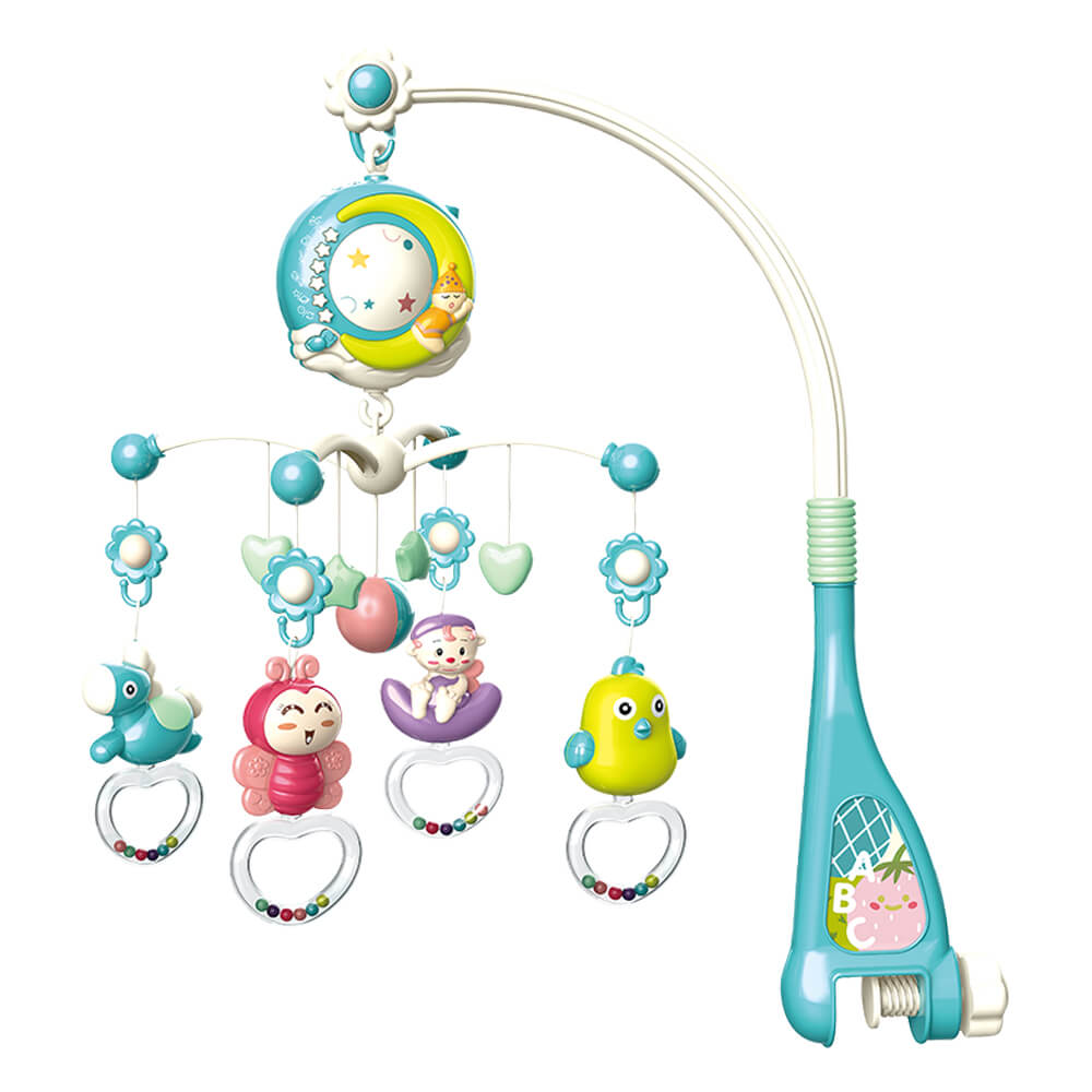 Η φωτογραφία δείχνει Το μουσικό περιστρεφόμενο παιχνίδι Moonlight με προβολέα της Bebe Stars  είναι η ιδανική λύση για να απασχολεί το μωρό σας και να το διασκεδάζει με τους ήχους και τα χαριτωμένα παιχνιδάκια την ώρα που βρίσκεται ξαπλωμένο στη κούνια του.