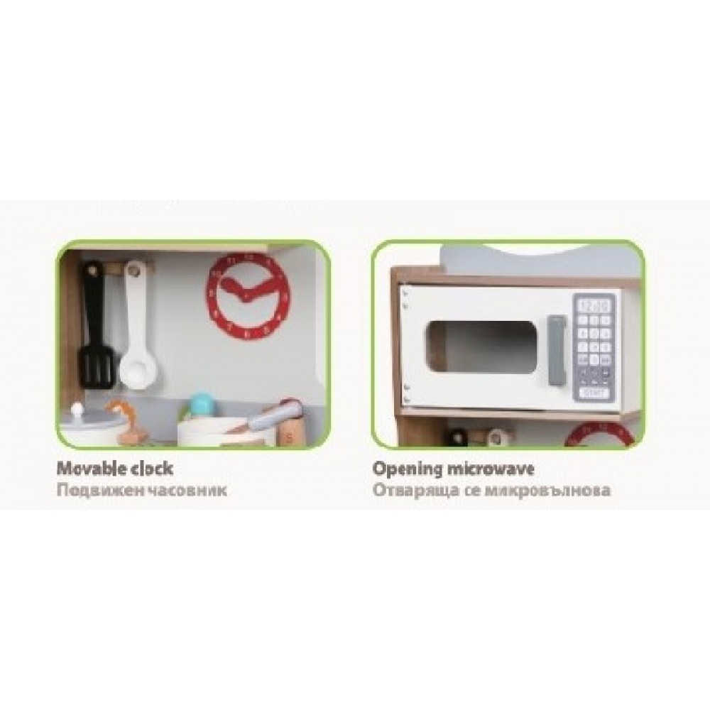 Παιδική ξύλινη κουζίνα με 14 αξεσουάρ στο σετ: πιρούνια, κουτάλι, πιάτα, κατσαρόλαΤο ύψος της συναρμολογημένης κουζίνας είναι 93.