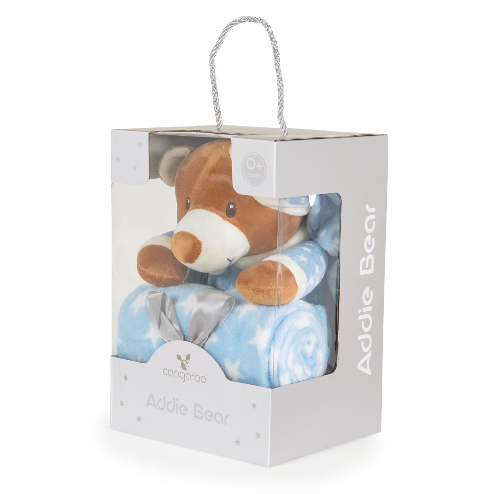 Σετ δώρου που αποτελείται απο κουβέρτα αγκαλιάς σε διαστάσεις 75/90cm και βελούδινο αρκουδάκι ύψους 24 εκατ.