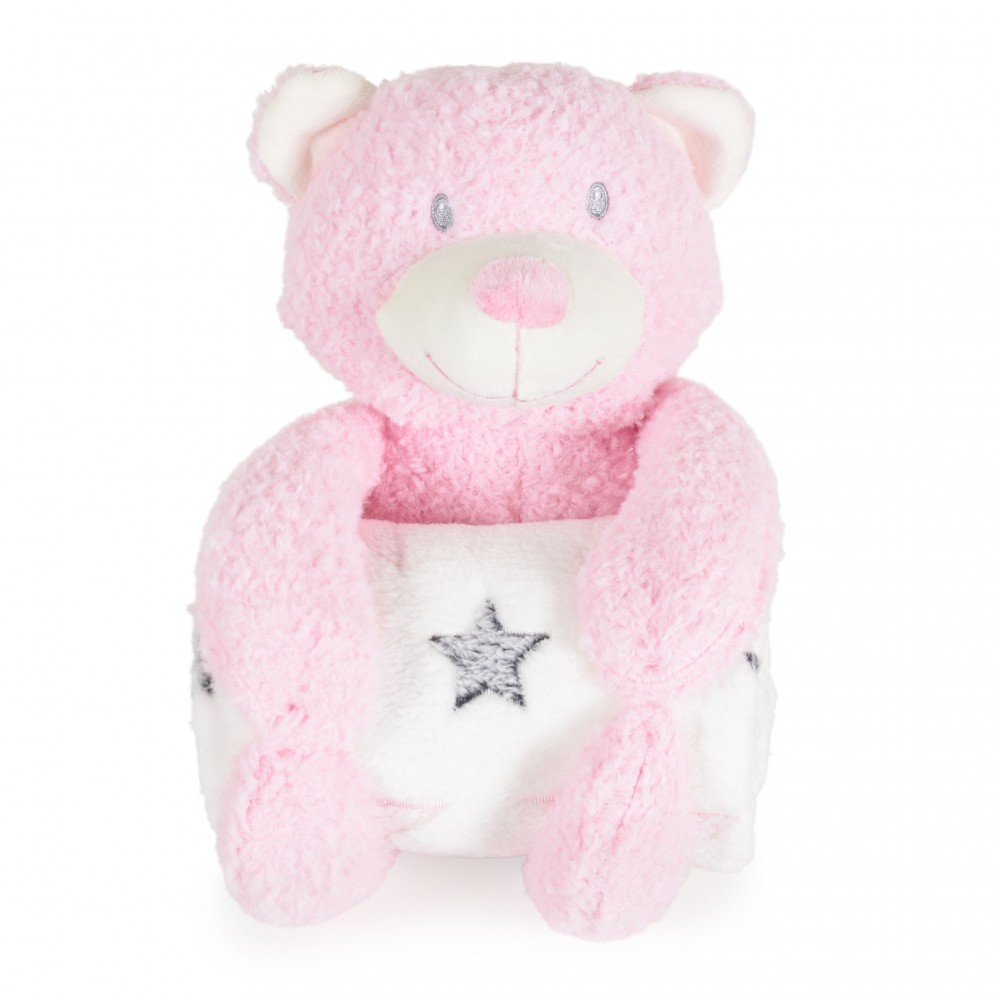 Η φωτογραφία δείχνει Σετ δώρου που αποτελείται απο κουβέρτα αγκαλιάς σε διαστάσεις 75/90cm και βελούδινο αρκουδάκι ύψους 23 εκατ.