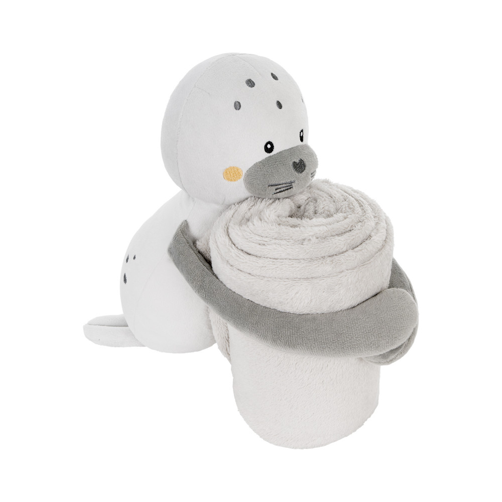 Η φωτογραφία δείχνει Βελούδινο σετ δώρου που αποτελείται από βρεφική κουβέρτα αγκαλιάς και ένα μαλακό λούτρινο παιχνίδι.