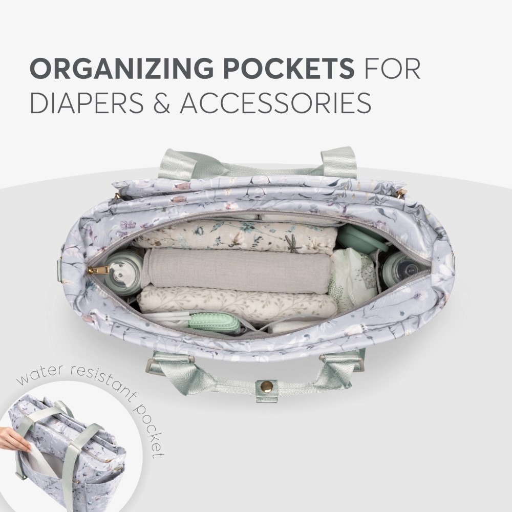 Η φωτογραφία δείχνει Μείνετε κομψοί και οργανωμένοι σε κάθε σας έξοδο με τη μαμά τσάντα FLORENCE!  Σχεδιασμένη για σύγχρονους γονείς, αυτή η πολυτελής τσάντα συνδυάζει τη λειτουργικότητα με ένα πολύχρωμο ντιζάιν στάμπα, διασφαλίζοντας ότι όλα τα απαραίτητα για το μωρό είναι οργανωμένα και προσι