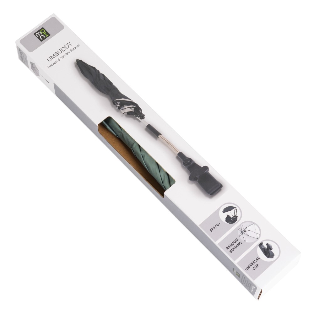 Η φωτογραφία δείχνει Η λαβή είναι εξοπλισμένη με ένα πλαστικό κλιπ στερέωσης που είναι συμβατό με τετράγωνα, στρογγυλά και οβάλ κουφώματα και κάνει την ομπρέλα ευέλικτη στην προσαρμογή της στο καρότσι.