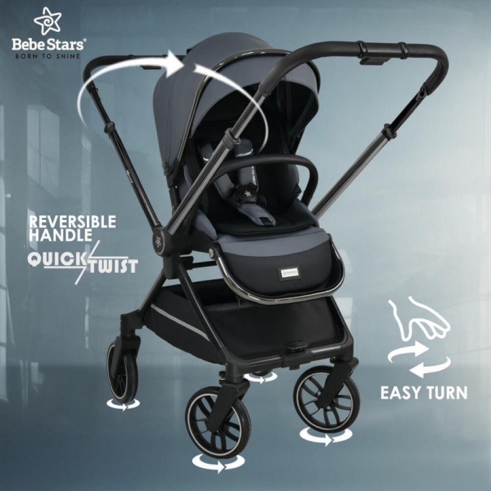 Μια εξαιρετική νέα προσθήκη ήρθε στην οικογένεια της Bebe Stars με σκοπό να διευκολύνει κάθε γονέα!Το Mirage 2 σε 1 πολυκαρότσι είναι στυλάτο, μοντέρνο, άνετο, ευέλικτο και όπως πάντα ποιοτικό  με την υπογραφή της Bebe Stars!Ο καινοτόμος αυτόματος μηχανισμός Quick –Twist του τιμονιού γονέα με τ
