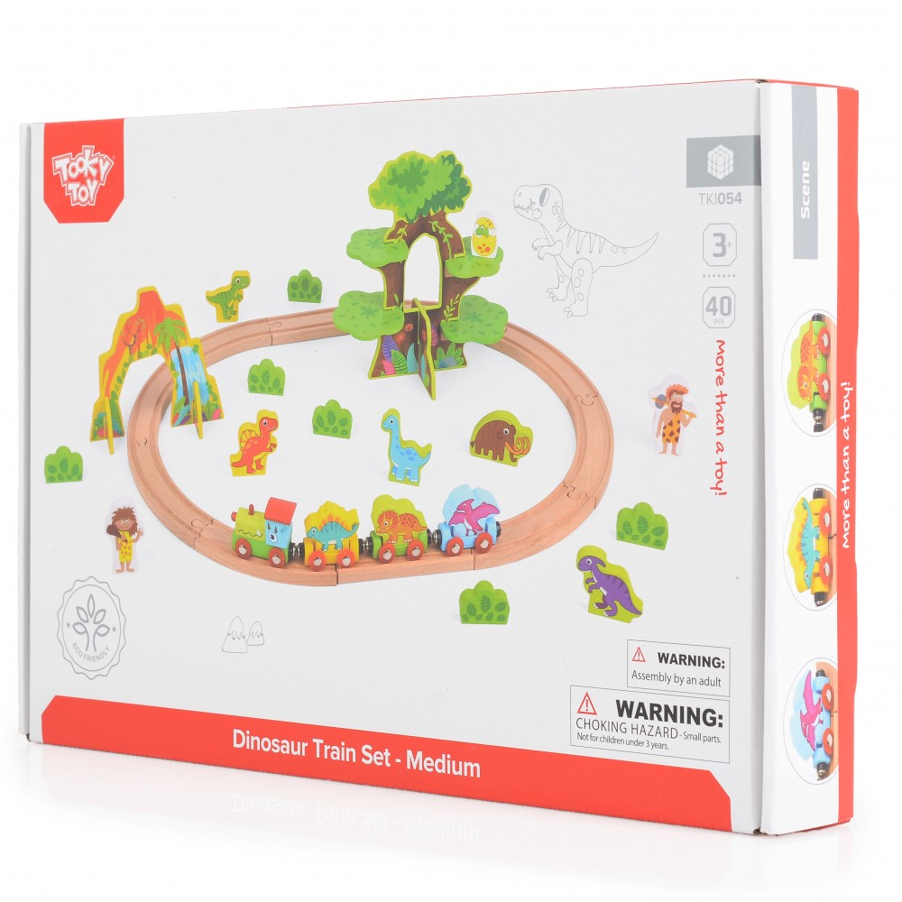 Η φωτογραφία δείχνει Σετ 40 τμχ με σιδηροδρομο, διάφροα αξεσουάρ και θέμα εποχής δεινοσαύρων.