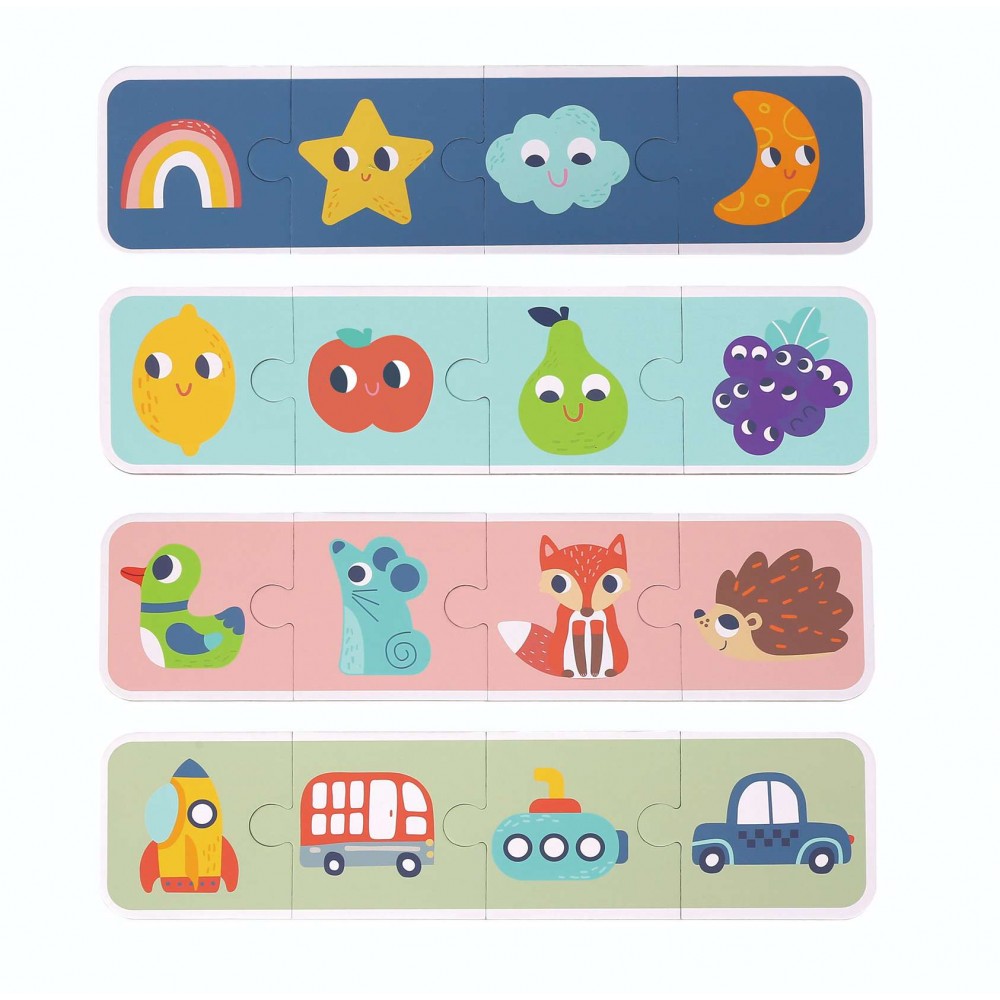 Το σετ περιλαμβάνει: 16 ξύλινα κομμάτια, 16 κομμάτια παζλ για να φτιάξετε 4 τραπουλόχαρτα και μια πάνινη τσάντα.