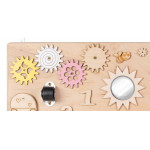 Η φωτογραφία δείχνει Πολύχρωμος πίνακας, κινούμενα γρανάζια, φερμουάρ, κινητοί και περιστροφικοί τροχοί, velcro, μάνδαλα δύο ειδών, ρολόι με κινούμενους δείκτες, γάντζος για κλειδαριά, διακόπτης φώτων.