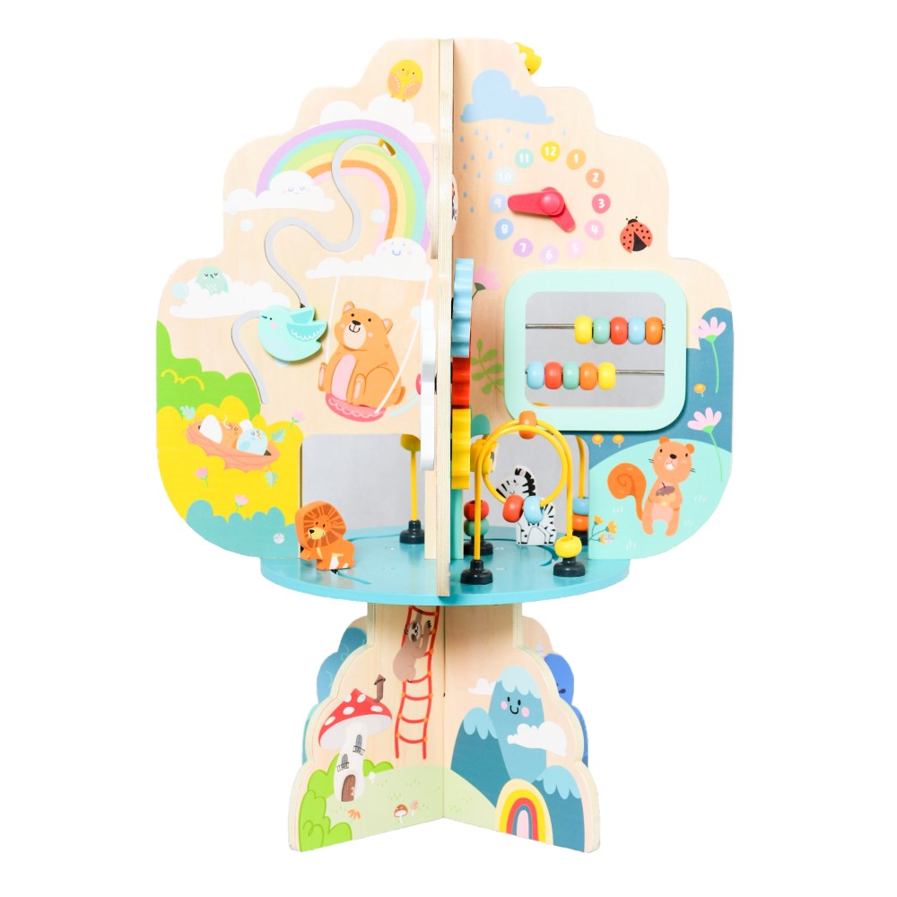 Η φωτογραφία δείχνει Ξύλινο παιχνίδι σε σχήμα δέντρου με πολλαπλές δραστηριότητες.