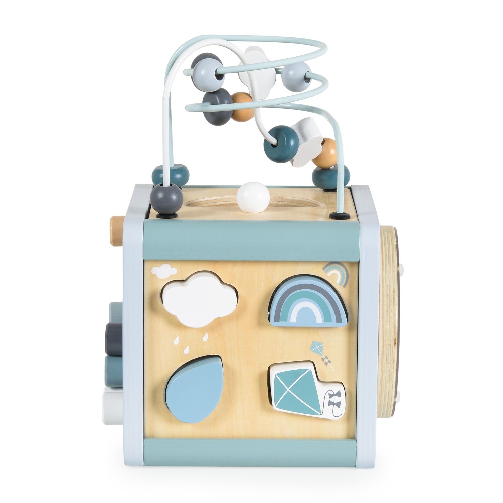 Η φωτογραφία δείχνει Αυτός ο πολυλειτουργικός ξύλινος κύβος δραστηριοτήτων από την Moni Toys προσφέρει διασκέδαση και μάθηση μέσα από το παιχνίδι! Κάθε πλευρά διαθέτει μια διαφορετική δραστηριότητα που διεγείρει τη φαντασία και υποστηρίζει την ανάπτυξη του παιδιού σας.