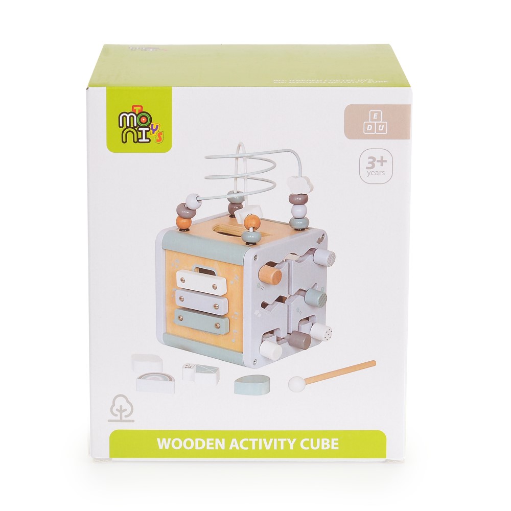 Η φωτογραφία δείχνει Αυτός ο πολυλειτουργικός ξύλινος κύβος δραστηριοτήτων από την Moni Toys προσφέρει διασκέδαση και μάθηση μέσα από το παιχνίδι! Κάθε πλευρά διαθέτει μια διαφορετική δραστηριότητα που διεγείρει τη φαντασία και υποστηρίζει την ανάπτυξη του παιδιού σας.