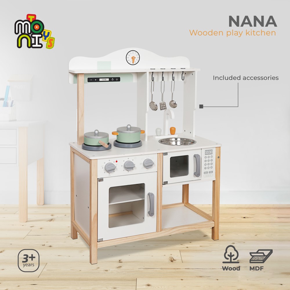 Η φωτογραφία δείχνει Η ξύλινη παιδική κουζίνα Nana της Moni Toys είναι η ιδανική επιλογή για μικρούς σεφ που λατρεύουν τα παιχνίδια ρόλων και τις γαστρονομικές περιπέτειες! Συνδυάζοντας κομψό σχεδιασμό, ρεαλιστικές λεπτομέρειες και ποιοτική κατασκευή, προσφέρει ώρες δημιουργικής και ευφάνταστης διασ