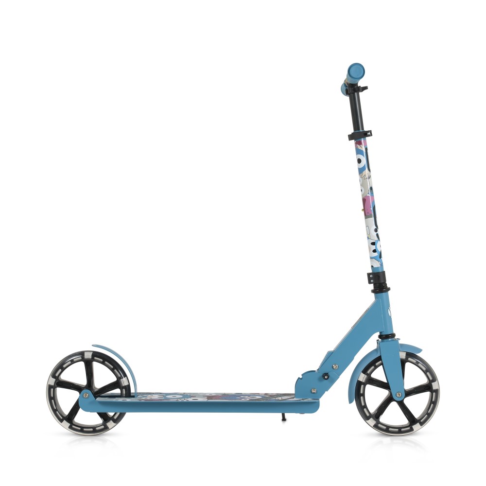 Η φωτογραφία δείχνει Byox Scooter Monster Blue Πτυσσόμενο σκούτερ αλουμινίου με τροχούς PU 200x30 mm.