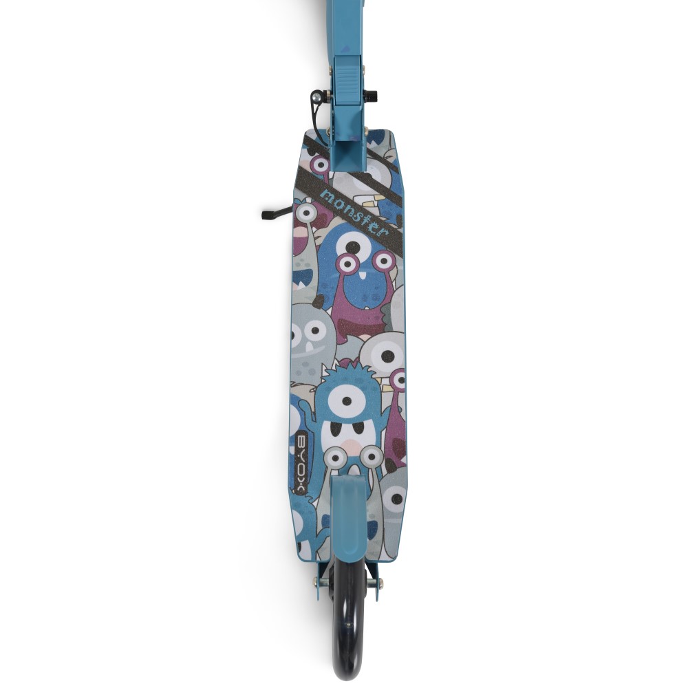 Η φωτογραφία δείχνει Byox Scooter Monster Blue Πτυσσόμενο σκούτερ αλουμινίου με τροχούς PU 200x30 mm.