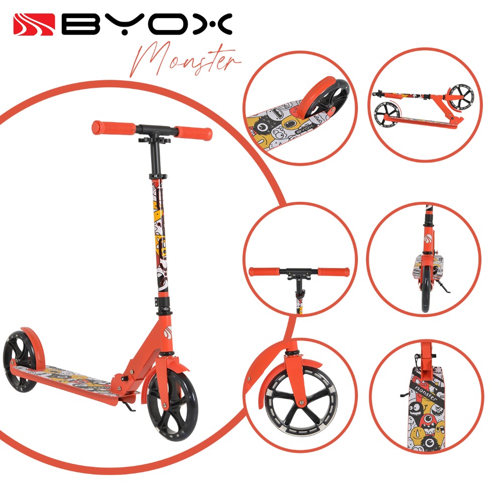 Η φωτογραφία δείχνει Byox Scooter Monster Blue Πτυσσόμενο σκούτερ αλουμινίου με τροχούς PU 200x30 mm.