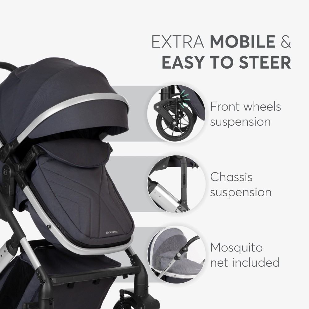 Η φωτογραφία δείχνει Καρότσι 3 σε 1 της εταιρείας Kikka Boo με ελαφρύ ατσάλινο σκελετό και εύκολο μετρατρέψιμο κάθισμα σε καλαθούνα.