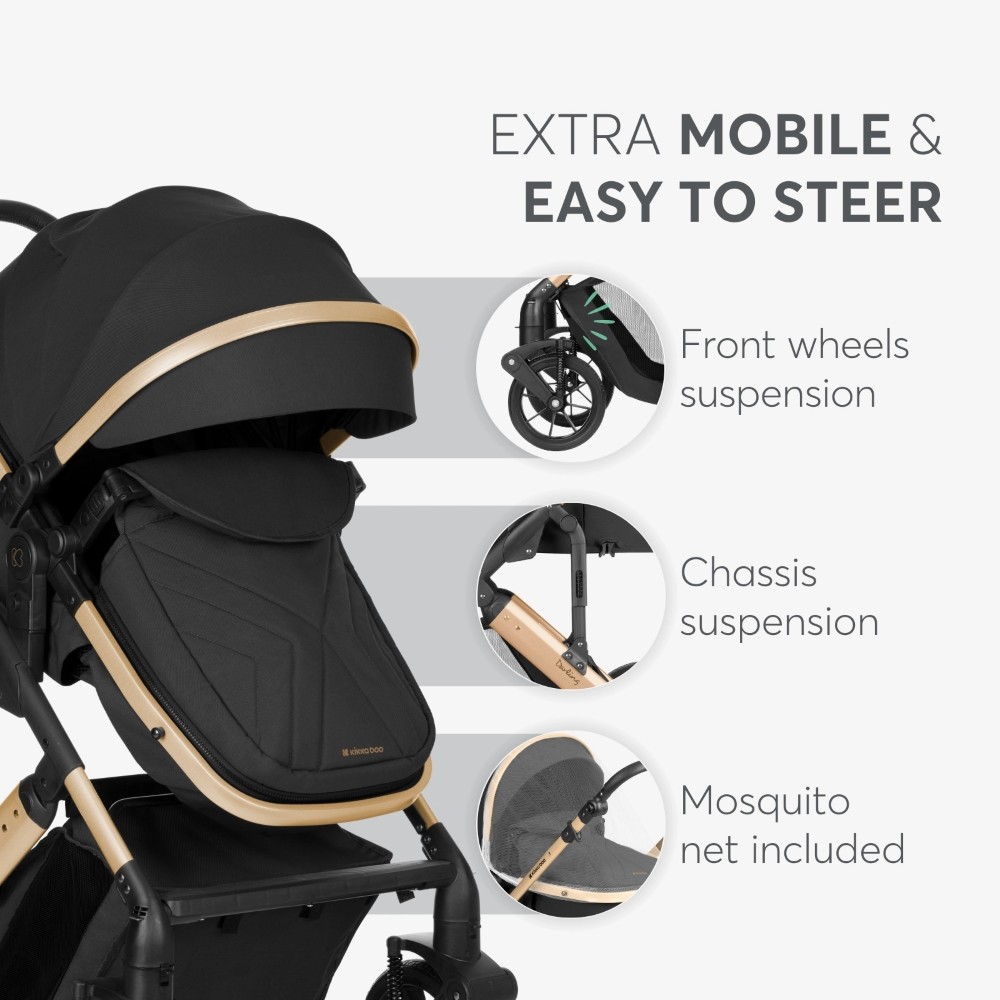 Καρότσι 3 σε 1 της εταιρείας Kikka Boo με ελαφρύ ατσάλινο σκελετό και εύκολο μετρατρέψιμο κάθισμα σε καλαθούνα.