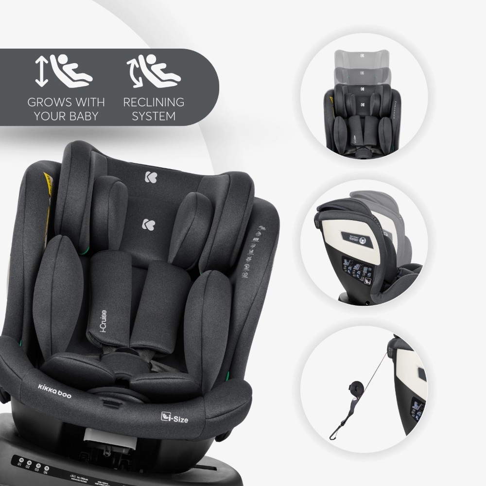 i-SIZE (40-150 cm)Κατάλληλη φορά προς τα πίσω από 40 έως 105 cmΚατάλληλη φορά προς τα εμπρός από 76 έως 150 cm4 θέσεις ανάκλισης καθίσματος προς τα εμπρός και 1 θέση ανάκλισης καθίσματος με όψη προς τα πίσωΠεριστροφή 360 μοιρών του καθίσματοςTop tether Κορυφαίος ιμάντας πρόσδεσης για επιπλέον ασφάλε