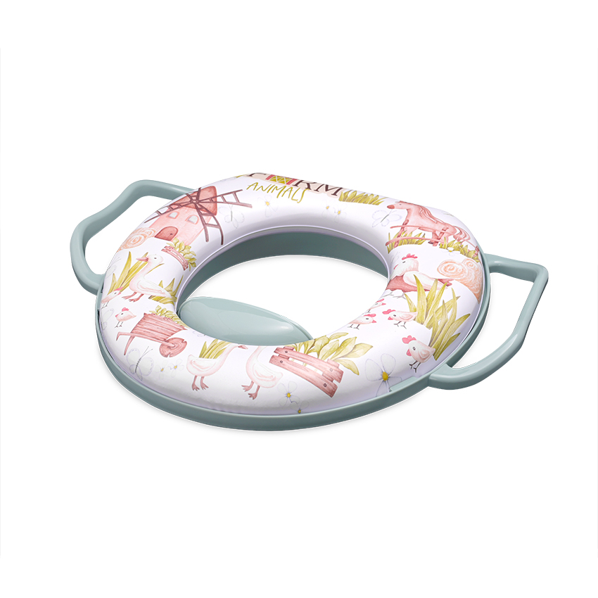 Η φωτογραφία δείχνει Μαλακό εκπαιδευτικό κάθισμα τουαλέτας με χειρολαβεςΤο μαξιλαράκι είναι αποσπώμενο για εύκολο καθάρισμαΔιαθέτει προστατευτικό πλαστικό για την πρόληψη της διαβροχήςΠρακτικές πλευρικές χειρολαβές