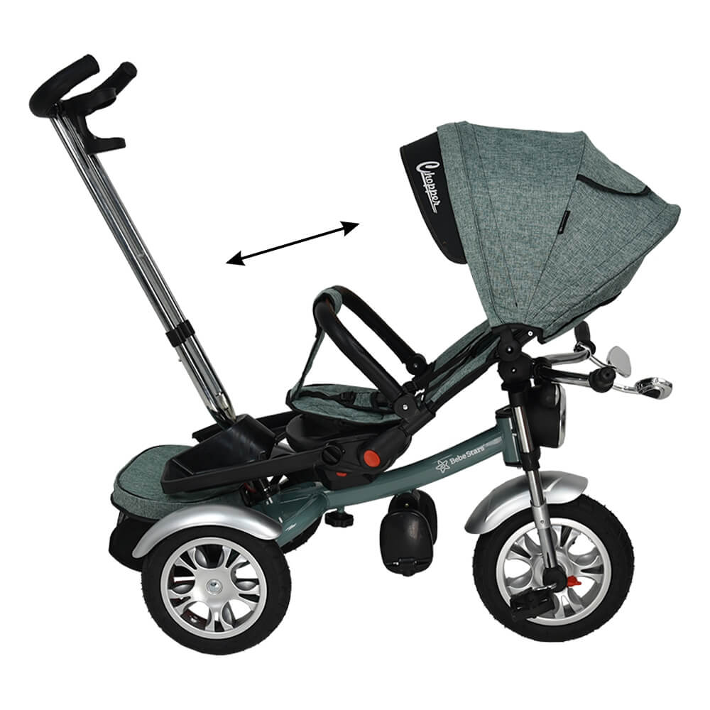 Η φωτογραφία δείχνει Το ποδήλατο  Chopper Black 6 in 1 της Bebe Stars έχει σχεδιαστεί για μωρά από 9 μηνών και παρέχει ομαλή οδήγηση για τη μετάβαση από τη λειτουργία του καροτσιού σε αυτή του ποδηλάτου.